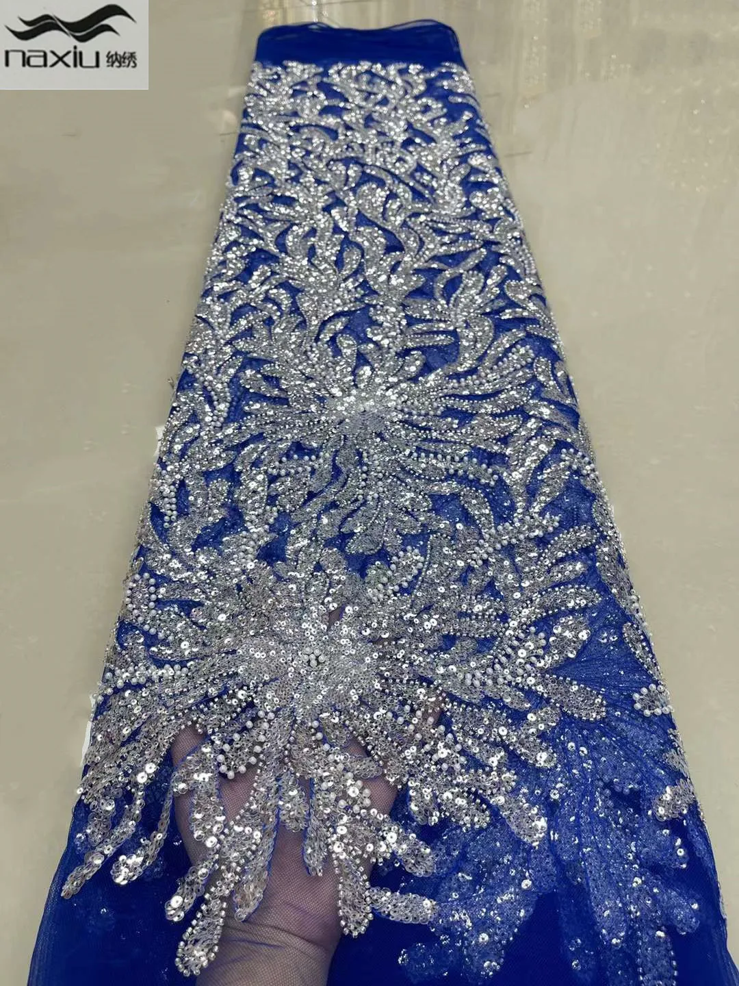 

Madison Blue African Sequins Lace Fabric Luxury French Nigerian Beaded Mesh Lace Fabric High Quality Wedding Dress
