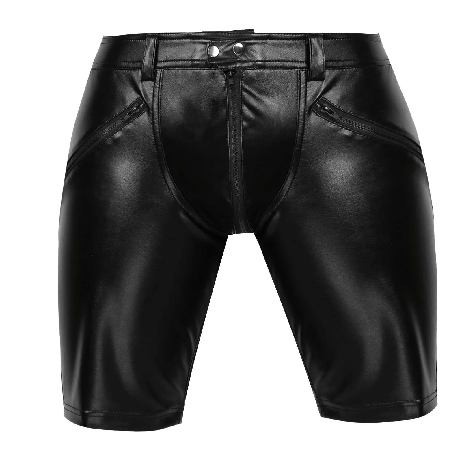 

Black Latex Pants Mens Sexy Leater Middle Pants Clubwear Workout ym Sorts PU Leater Trousers Motorcycle Pants Streetwear