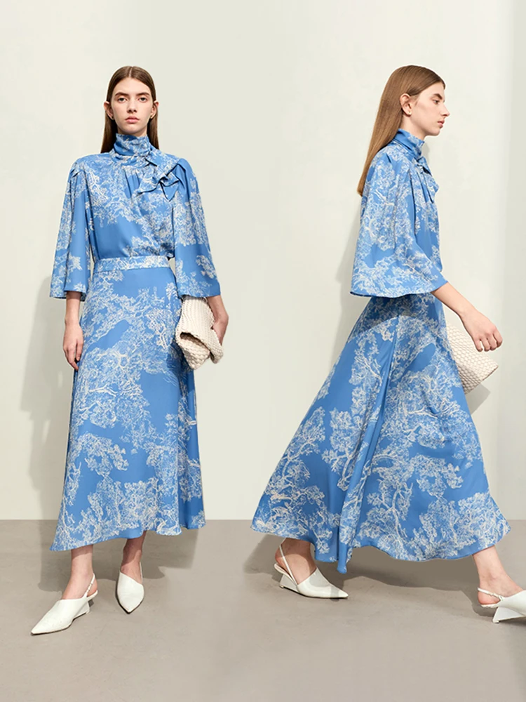  Женский модный комплект National Sle осень 2024 новый принт свободная юбка с рукавами 3/4