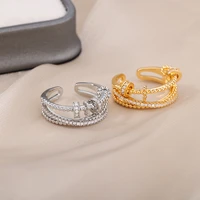 open double geometric cross rings for women stianless steel gold color round zircon bead stacked finger rings jewelry