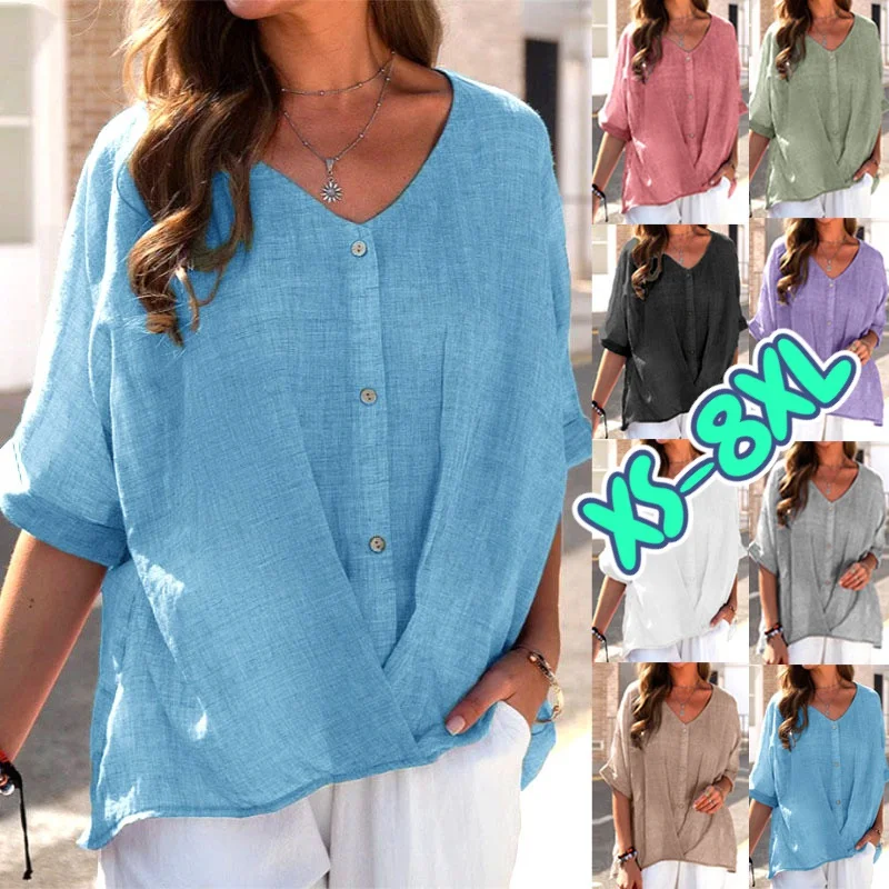 2022 Women Fashion Summer Casual Tops Short Sleeve Shirts V-neck Solid Color Loose Button Down Blouses Thin Bottoming Shirt