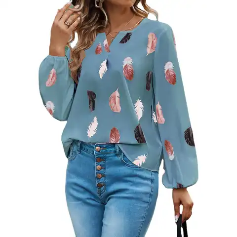 2023 New Spring Women Feather Printed Blouse Pink White V Neck Long Sleeve Loose Tops Ladies Fall Casual Blouses Blusas Mujer