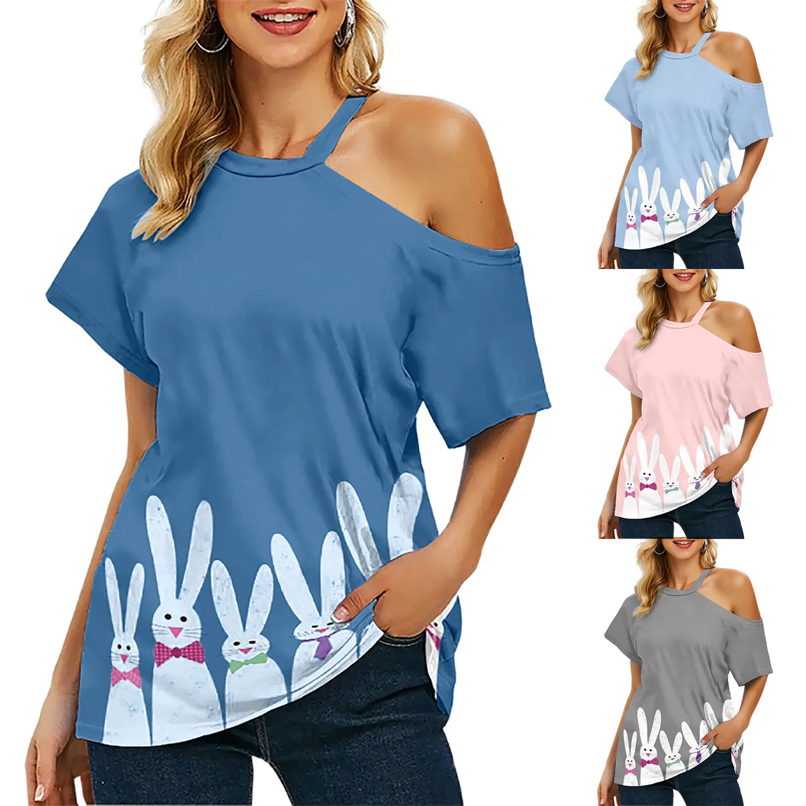 

Женская футболка без бретелек, с коротким рукавом и принтом кролика