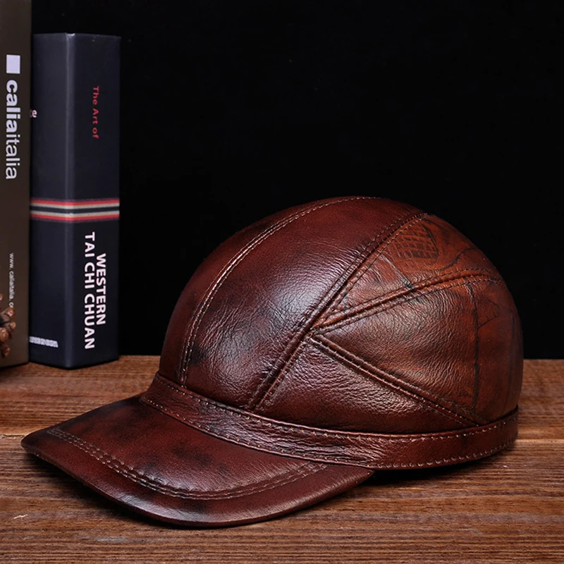

Men's Golf Genuine Leather Pilot Hat Male Winter Real Cow Skin Casual Wear Baseball Caps Outdoors Korean Plate Flying Hats