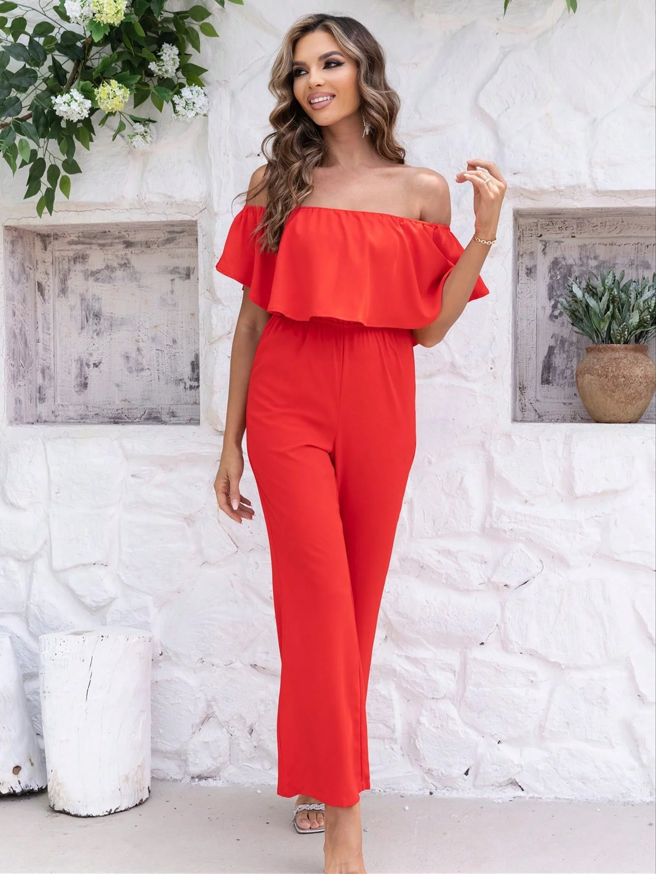 

Yissang комбинезон с открытыми плечами и оборками