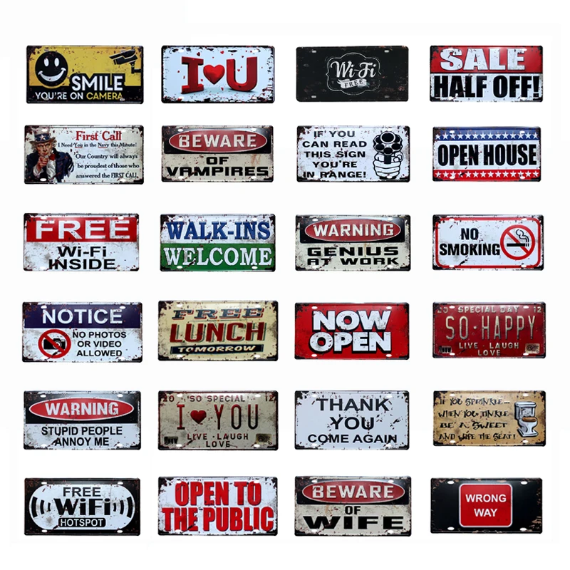 

Car License Plate Signs Shabby Vintage Warning Metal Tin Sign Bar Cafe Garage Decorative Plaques Art Crafts Iron Painting Decor