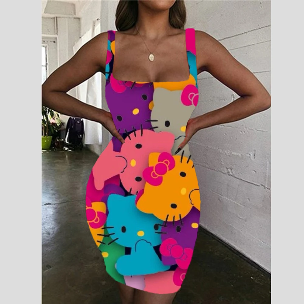 

Женское Короткое облегающее платье Hello Kitty, летнее Привлекательное платье на бретельках с 3D-принтом, без рукавов, 2022
