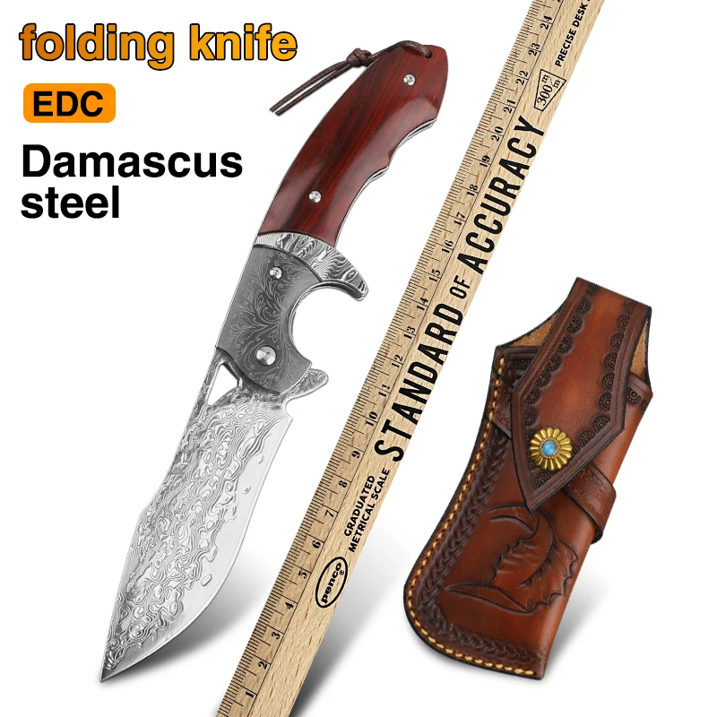 Damascus Steel Tactical Folding Blade Utility Knife Outdoor Hunting Camping Knife Mountaineering EDC Multifunctional Tool Knife