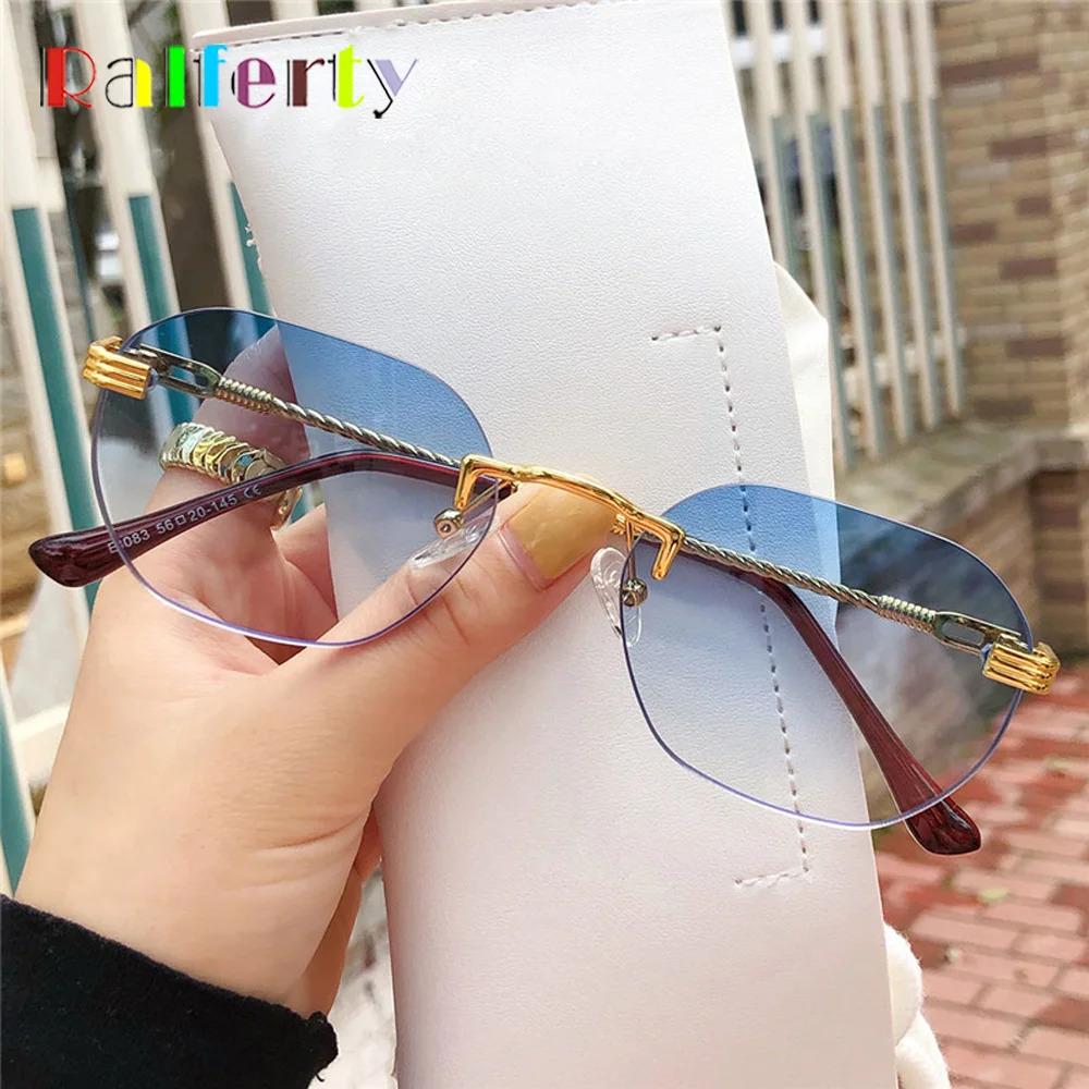 

Retro Cutting Rimless Sunglasses Men Women Brown Blue Gradient Sun Shades Glasses For Women Gold Metal Ladies Frameless Eyeglass