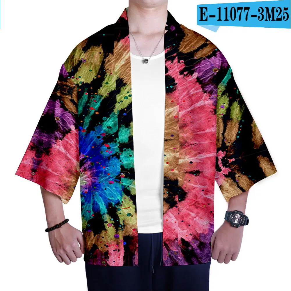 Tie Dye Summer Teenager Men Kimono Robe Half Sleeve Rayon Home Bathrobe Casual Loose Large Size 3XL Thin Cardigan Shirts
