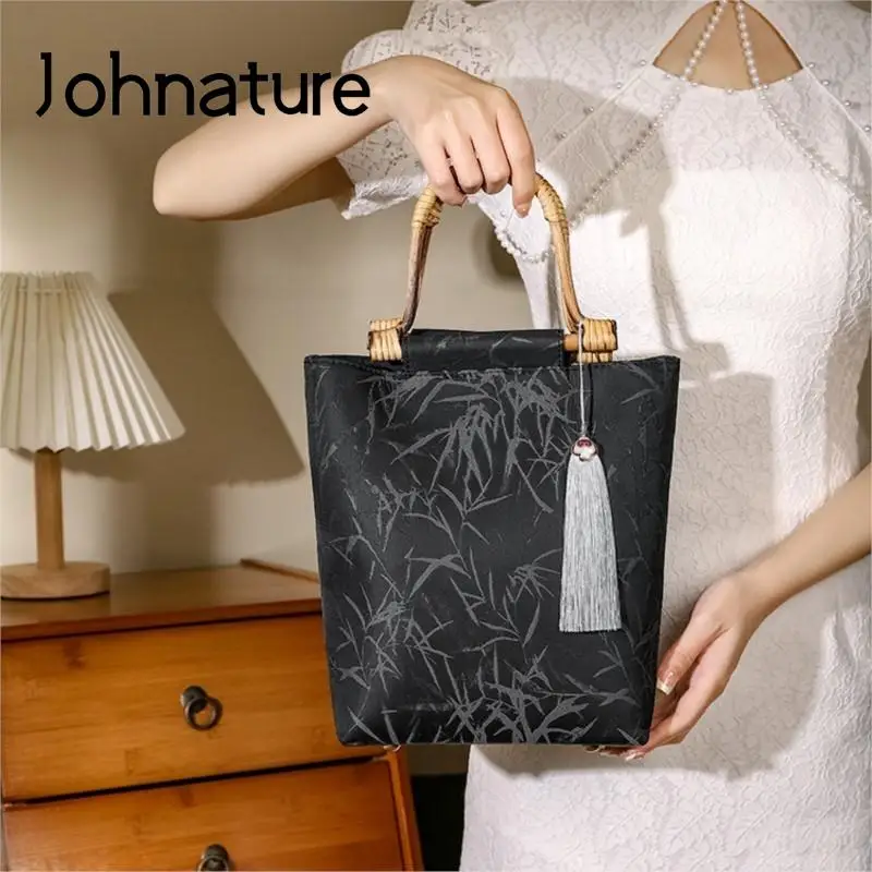 

Johnature Bamboo Leaf Printed Wooden Handle Handbag 2023 New Ancient Style Cheongsam Banquet Women Bag Tassel Bucket Bag
