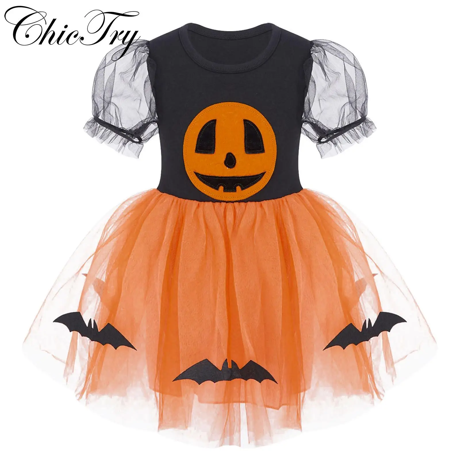 

Baby Girls Toddler Halloween Pumpkin Costume Carnival Themed Party Cosplay Dress Puff Short Sleeve Roleplay Tulle Tutu Dress