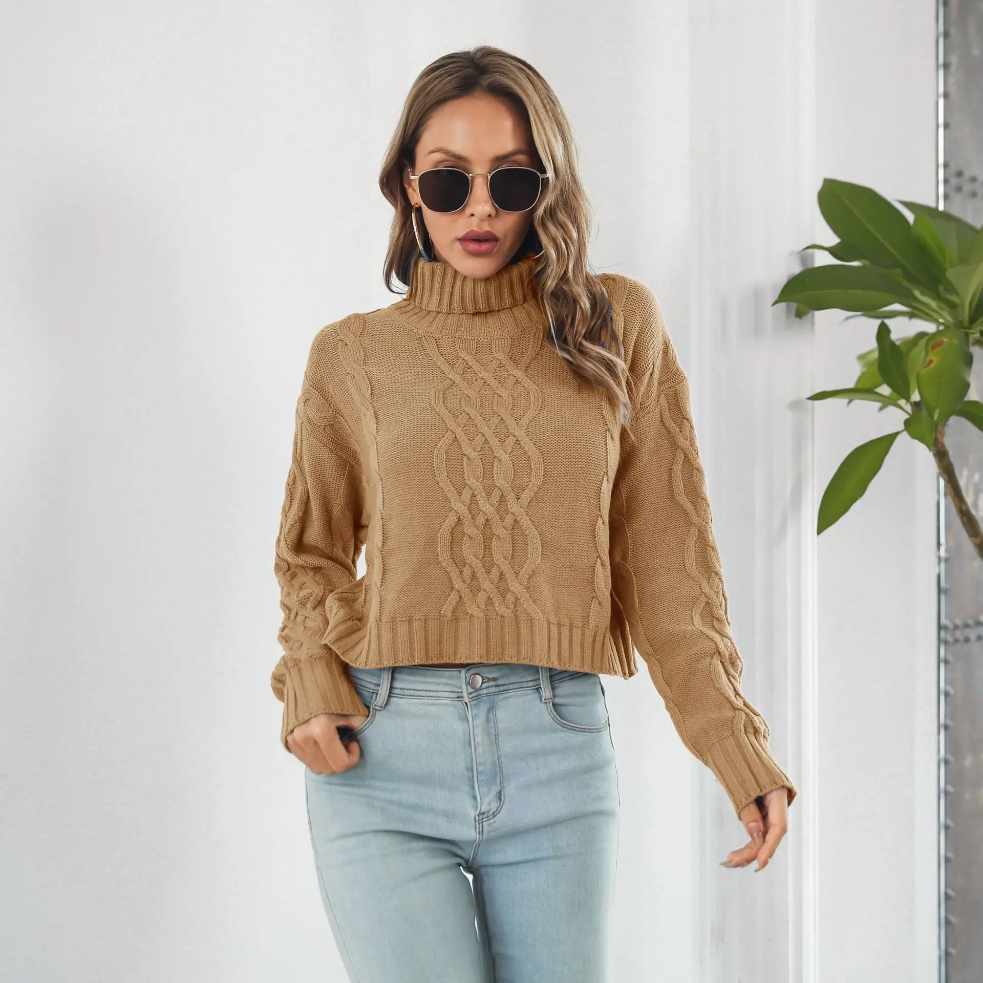 

Women Turtleneck Cropped Sweater Long Sleeve Oversized Cable Knit Sweaters Warm Autumn Winter Loose Knitwear Jumper Tops Y2K