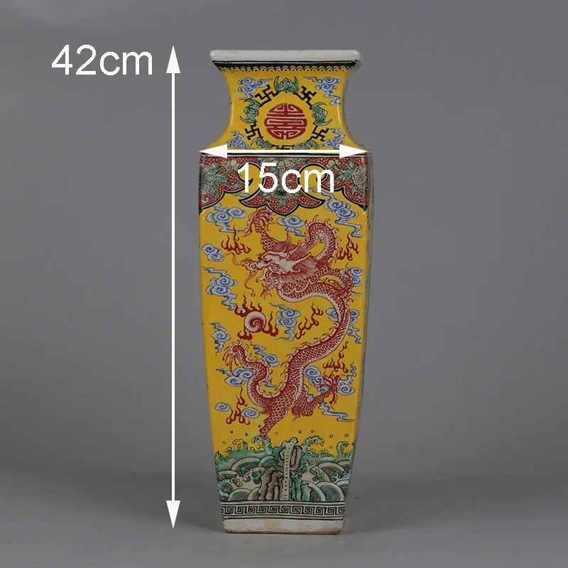 Фото Ваза Kangxi Dynasty Цин Центральные элементы Дракон и Феникс с узором морской воды Квадратная ваза Китайская эмалированная ваза №2