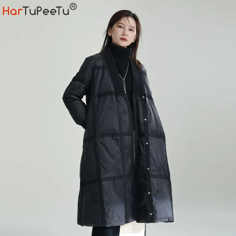 Long Winter Down Coats Women Beige Black Jacket 2023 Soft and Light Warm Parka V Neck Loose Outwear with Pockets