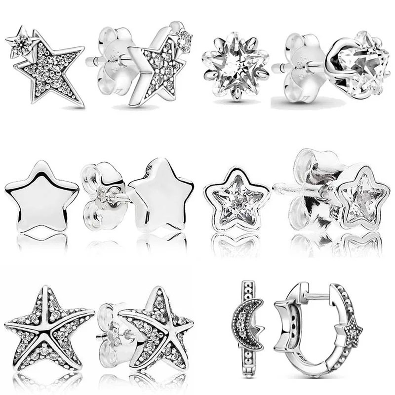 

Original 925 Sterling Silver Sparkling Crescent Moon Asymmetric Stars StarFish Stud Earring For Women Gift Popular DIY Jewelry