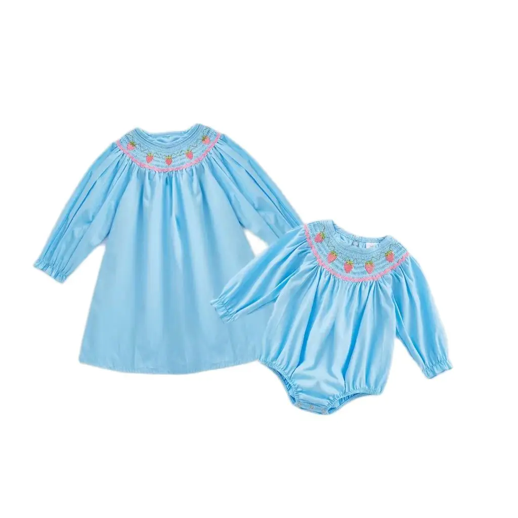

Exclusive Girlymax Fall/Winter Baby Girls Sibling Boutique Children Clothes Strawberry Smocked Woven Dress Romper set