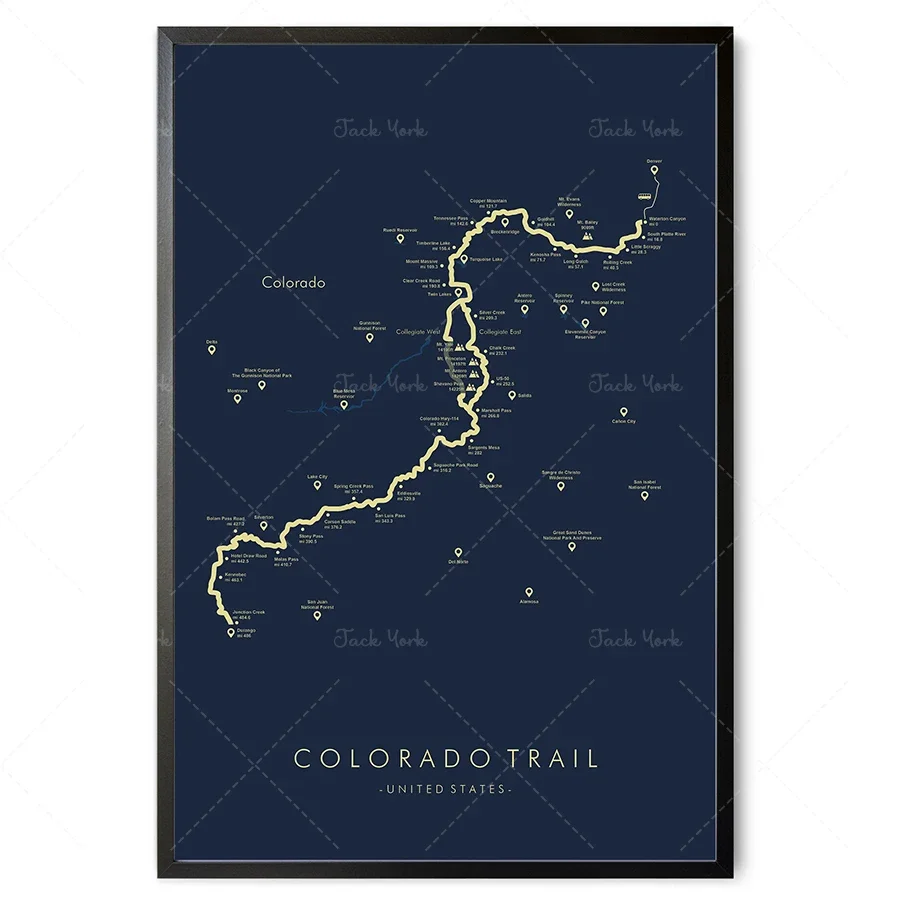 Плакат Colorado Trail | Карта трека Колорадо Походное настенное искусство Денвер в