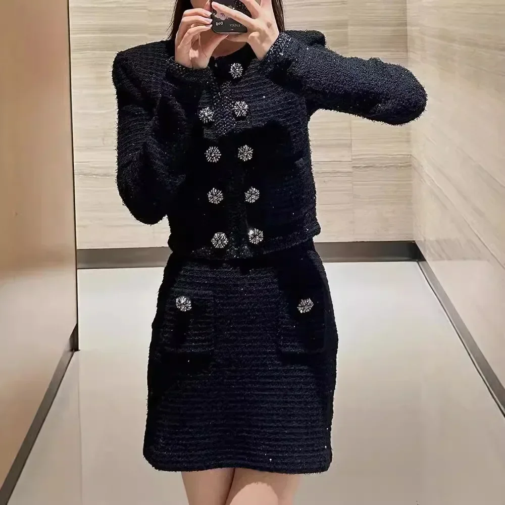 sp2024 осень и зима Xiaoxiangfeng двубортная пряжка с ромбовидной пряжкой блестками