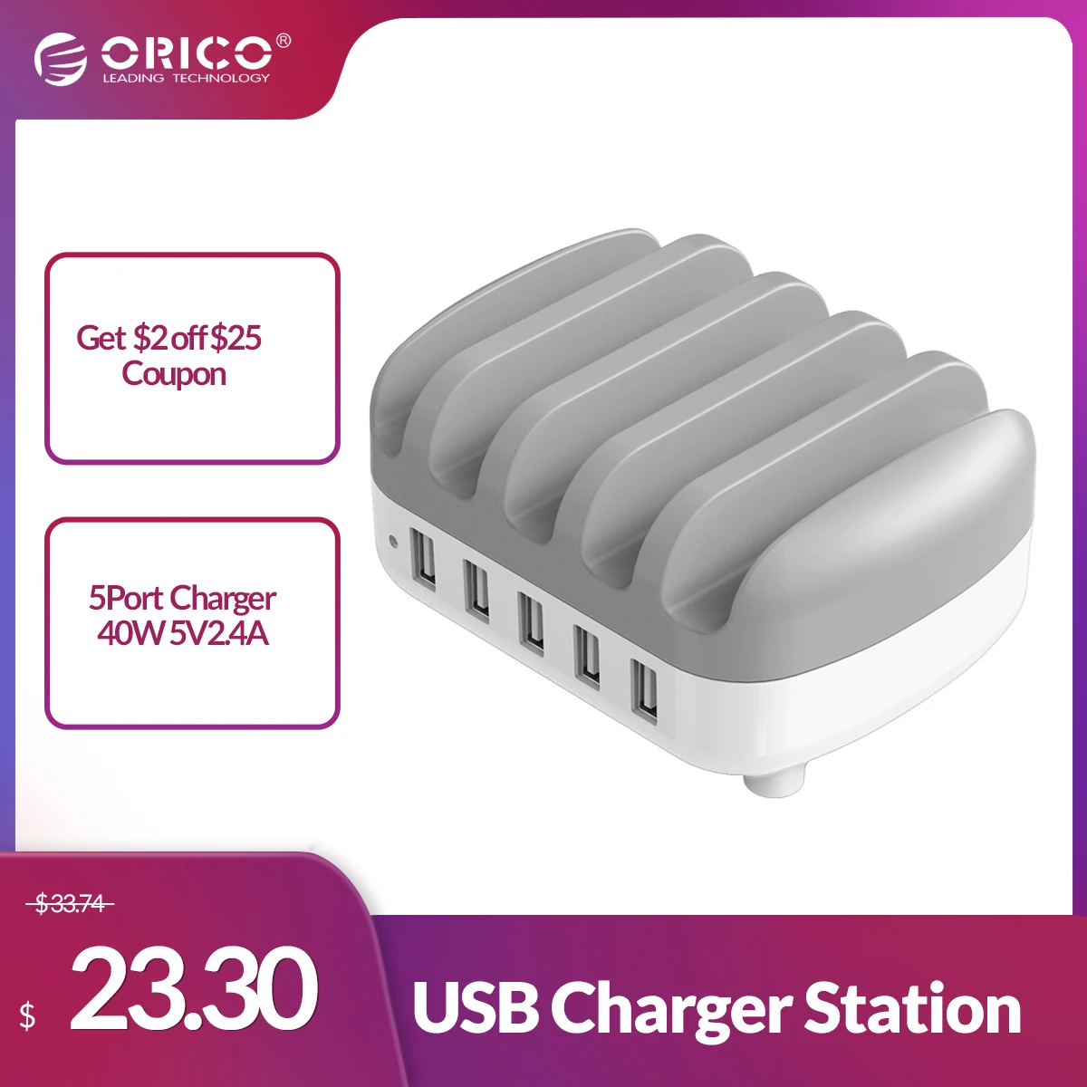 orico 5 ports usb charger station docking with holder 40w 5v2 4a charging free usb cable for iphone samsung xiaomi pc tablet free global shipping