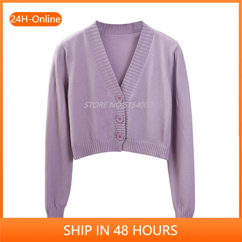 

Women's Cropped Cardigan Sweaters Female Black White Short Sweater V Neck Single Breasted Sweater Woman Knitted Cardigan GD153