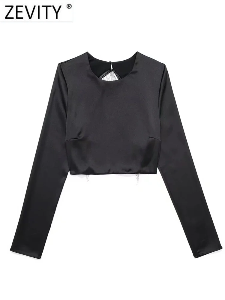 

Zevity Women Sexy Back Hollow Out Diamond Tassel Soft Satin Slim Short Blouse Female O Neck Shirts Blusas Chic Crop Tops LS3200