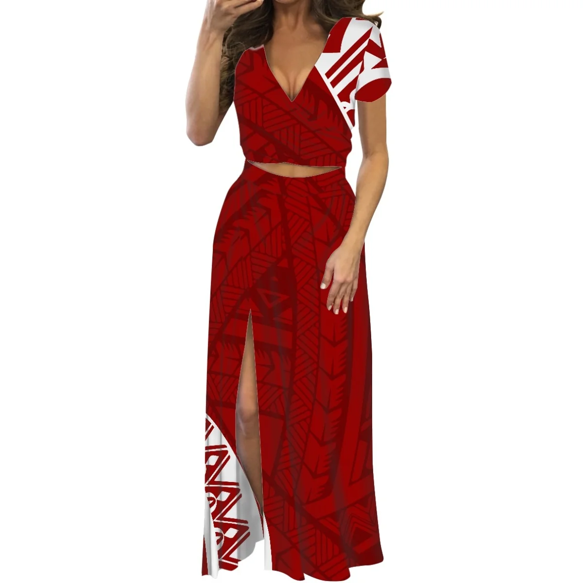 

HYCOOL Polynesian Tribal Red Tattoo Tonga Print V-neck Short Sleeve Two-Piece Wholesale Price Lady Casual Club Dress 2023