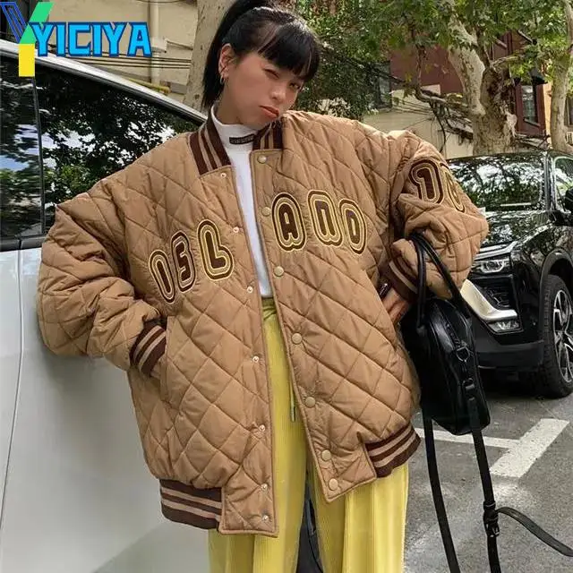 YICIYA Women's Winter Parkas 2023 American Retro Letter Embroidery Jackets Coat Y2K Casual Baseball Uniform Couple Loose Jackets