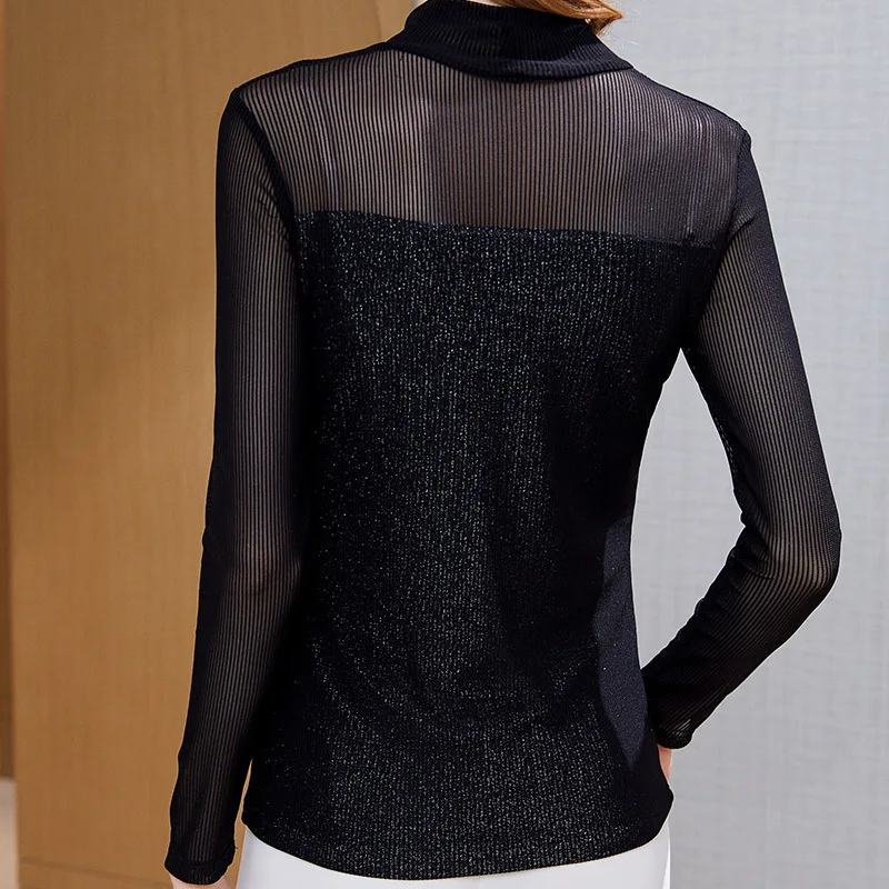 Женская Сетчатая футболка с длинным рукавом черная Повседневная большого