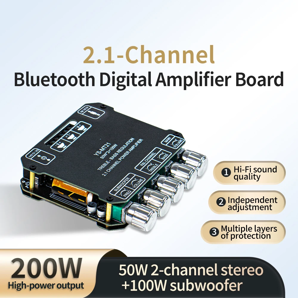Фото 2.1-канальная Bluetooth-совместимая усилительная плата 50 Вт × 2 + 100 Вт для сабвуфера, Hi-Fi аудио, USB, AUX, DIY усилитель мощности для колонок YS-MT21 №5
