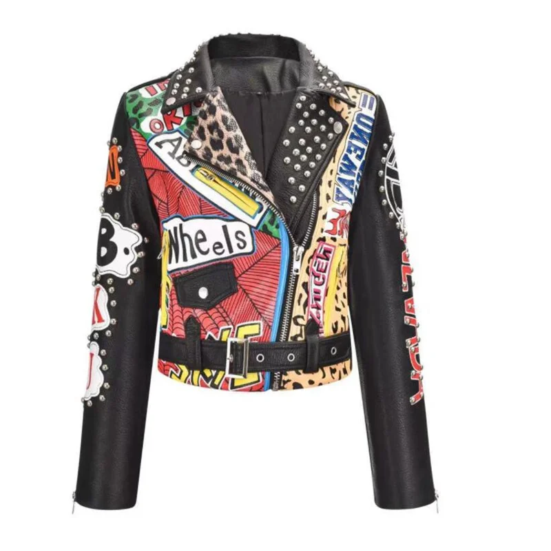 Slim graffiti leather jacket womens PU clothes punk European American printing motorcycle hit color heavy industry short coats