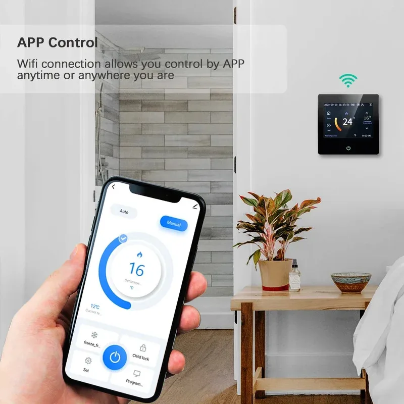 Фото Умный термостат Tuya Wi-Fi, регулятор температуры нагрева с сенсорным экраном LED по Цельсию/Айренгейту, работа с Alexa Google Home №3