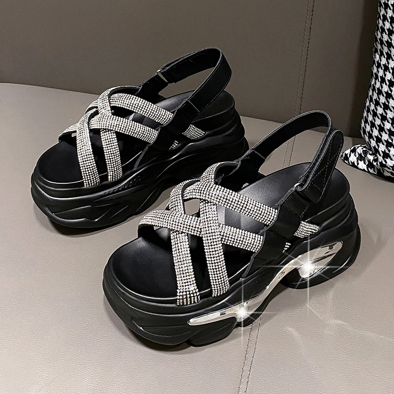 Bling Crystal High Platform Sandals Women Chunky Cross Strap Gladiator Shoes Woman Summer Beach Slippers Thick Bottom Sandalias
