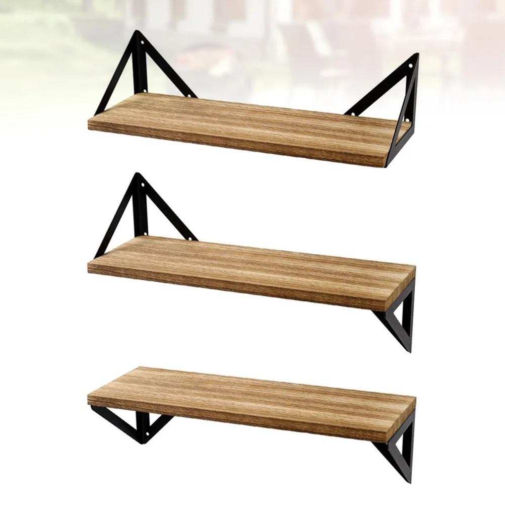 

3Pcs Creative Bathroom Shelving Wood Storage Rack Hooks Triangle Iron Art Board Wall Shelf（Wood Color）