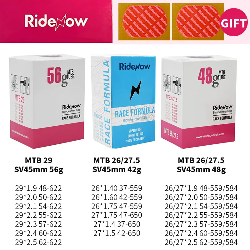 

Ridenow Mountain Bicycle Ultralight Inner Tube 26inch/27.5inch/29inch Mtb Bike Valve Length French 45mm