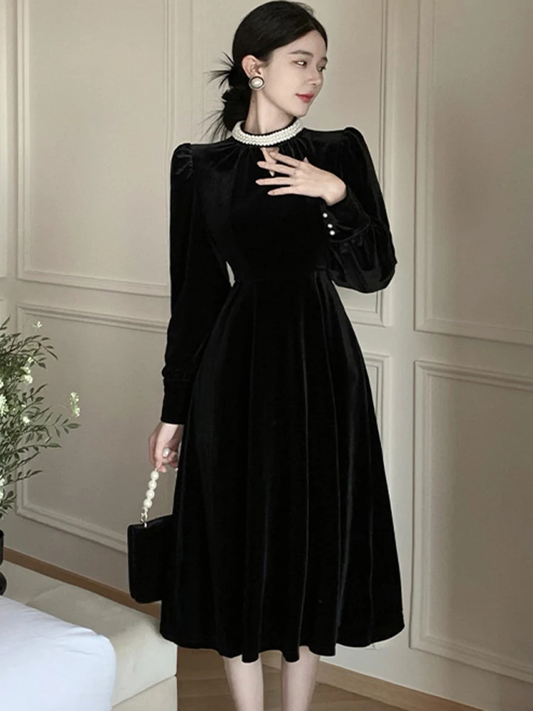 Осеннее черное бархатное платье для женщин французское винтажное офисное