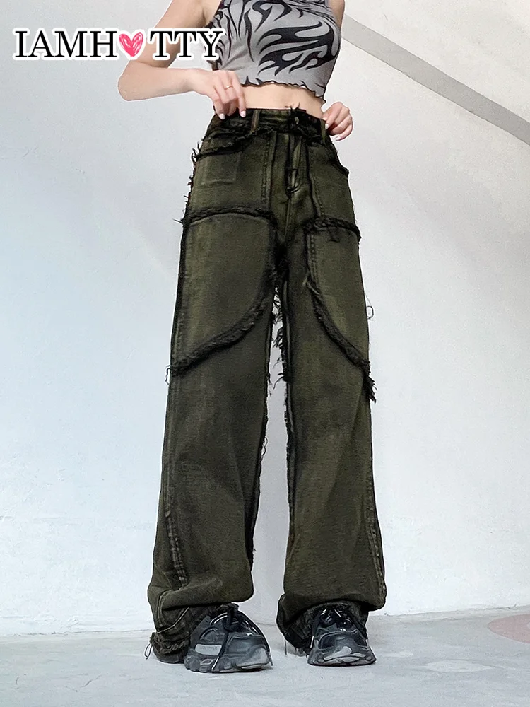 

IAMHOTTY Ripped Grunge Baggy Jeans Black High Waist Wide Leg Casual Denim Cargo Pants Vintage Streetwear Women Chic Fashion New