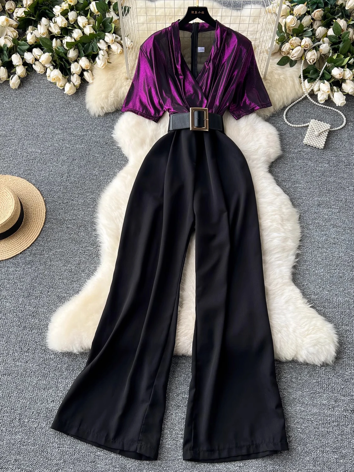 Женский комбинезон в стиле пэчворк элегантный фиолетового/зеленого/синего цвета