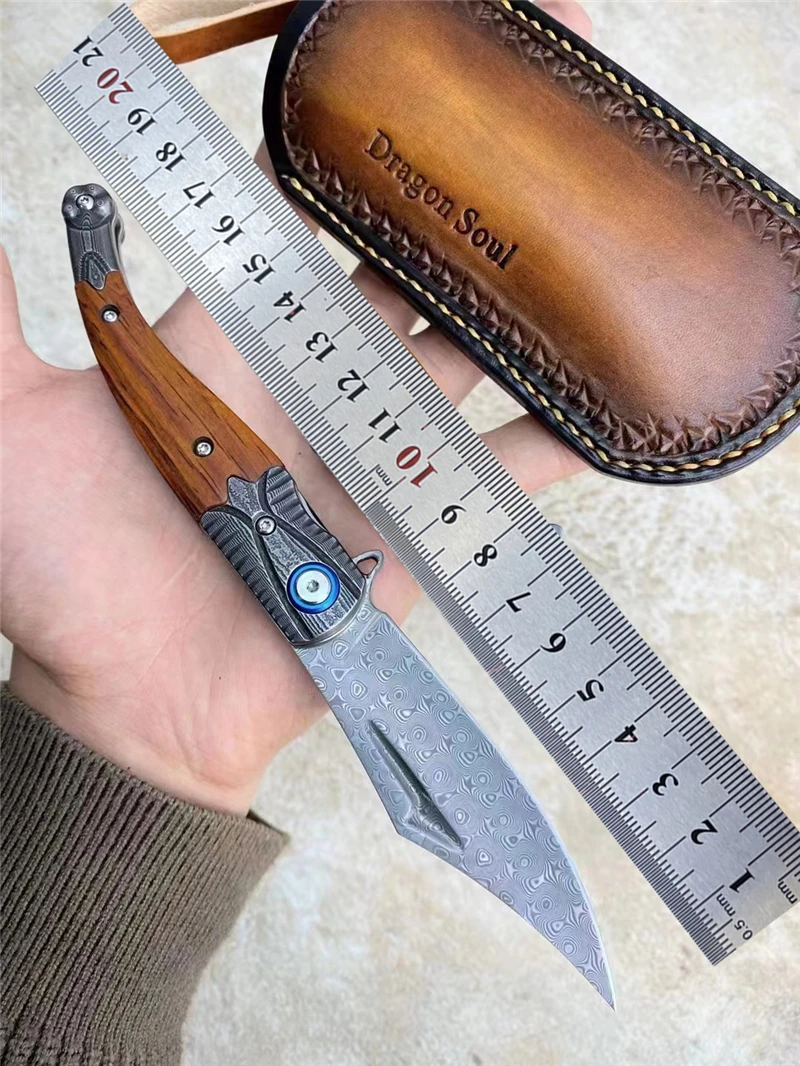 

Forged Damascus Steel Folding Knife Wooden Handle Camping Outdoor Survival Hunting Knife Sharp High Hardness Tactical EDC Tool