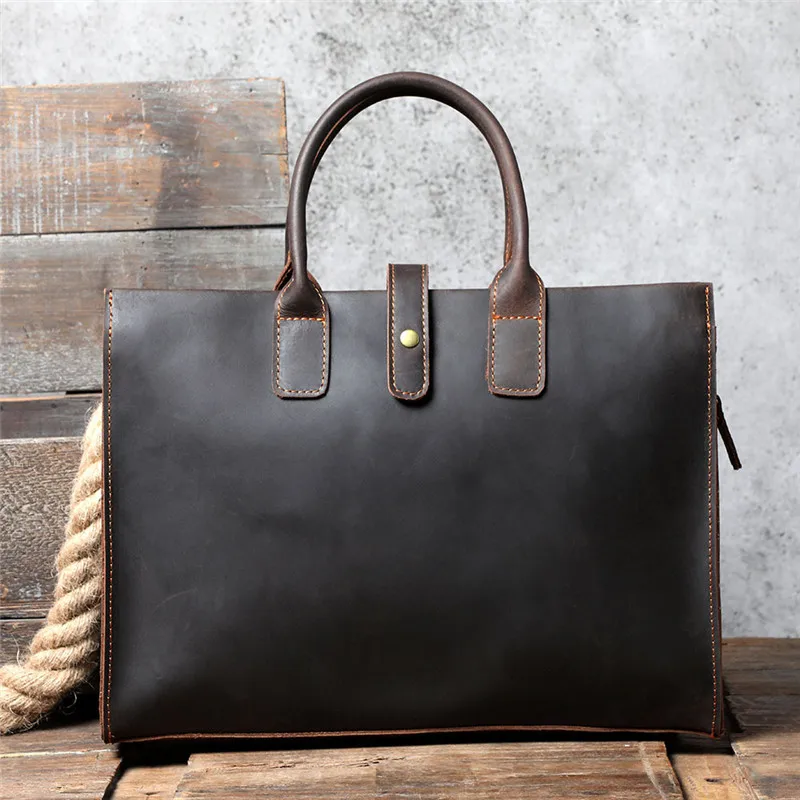 Vintage crazy horse cowhide men's women's briefcase business laptop handbag simple genuine leather work shoulder messenger bag