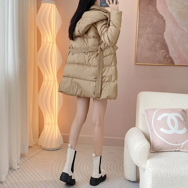White Duck Down Jacket Winter Women High Quality Solid Long Single-breasted Elegance Warm Commute Belt Khaki Coat Jackets Parkas