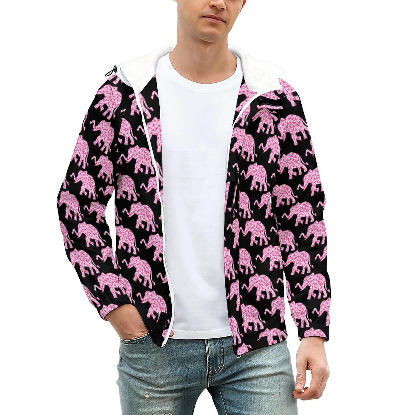 

Плотные куртки с принтом слона, розовые Водонепроницаемые зимние пальто с сердечками, Мужская Современная Повседневная куртка, свободные в...