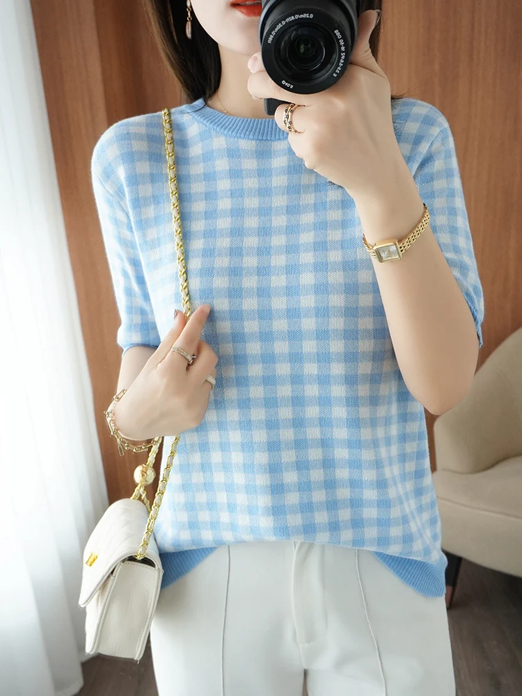 

BOBOKATEER Summer Clothes For Women 2022 Short Sleeve Top Camisetas Mujer Manga Corta Round Neck Checked Knitted T Shirt Femme