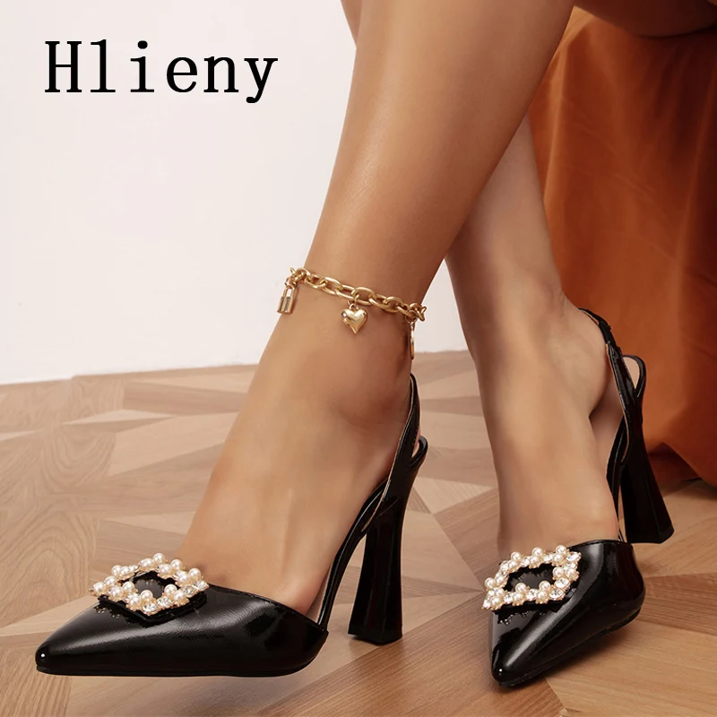 

Hlieny 2023 New Pointed Toe Woman Pumps Fashion Rhinestone Crystal Sandals Mules Shoes Ladies Slip On High Heels Slides Black