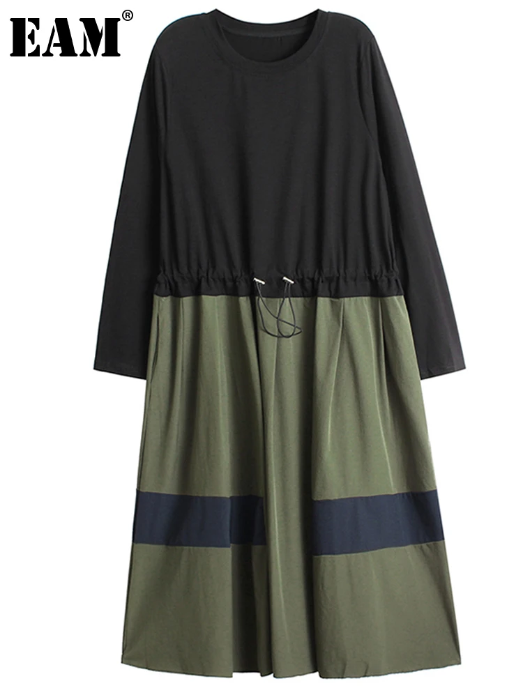 

[EAM] Women Green Color-block Long Casual Dress New Round Neck Long Sleeve Loose Fit Fashion Tide Spring Autumn 2022 1DE5934