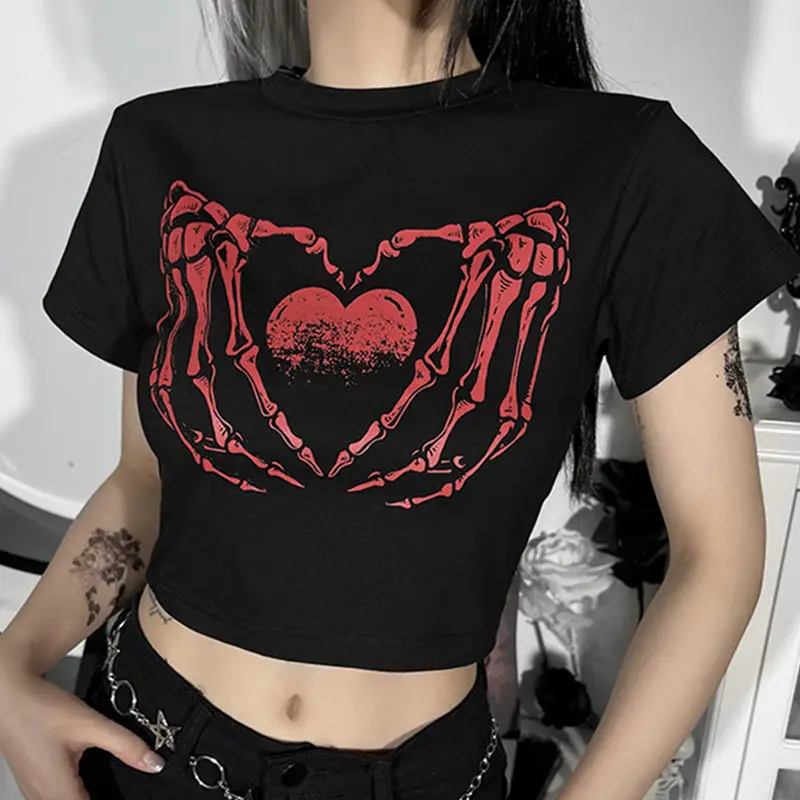 

MINGLIUSILI Black Gothic Clothes Claw Print 2022 Summer New Free Shipping Korean Fashion Cyberpunk T-Shirt Sexy Top Female