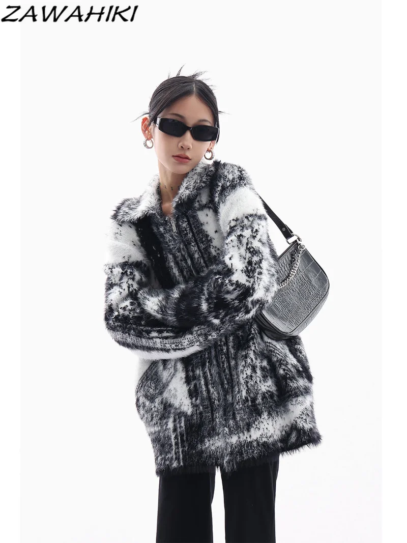 

Пушистая Женская куртка на молнии с отложным воротником, теплая меховая верхняя одежда, уличная одежда, пушистая куртка, Утепленные зимние куртки с принтом