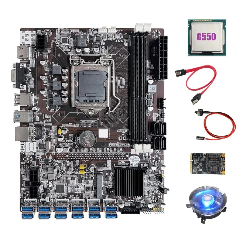 

NEW-B75 ETH Mining Motherboard 12XUSB+G550 CPU+MSATA SSD 64G+Switch Cable+SATA Cable+CPU Cooling Fan BTC Miner Motherboard