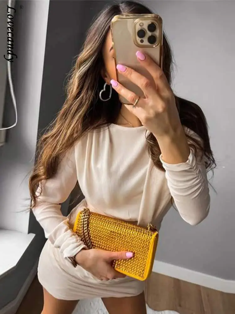 

Women Pleated Ruched Vneck Mini Dress Summer Female O Neck Long Sleeve Short Dresses Lady Party Club Evening Vestidos Mujer