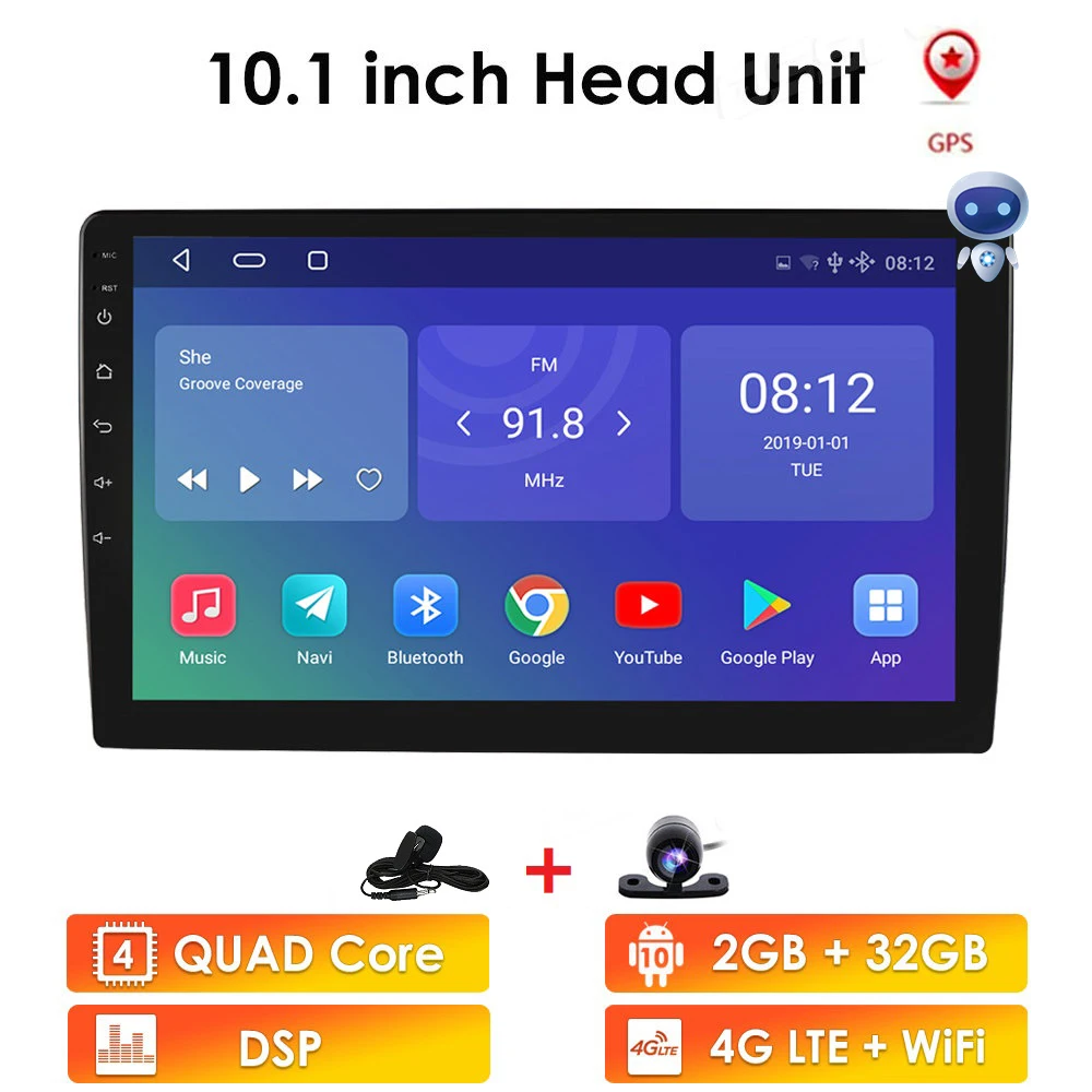 

2G RAM 32G ROM 10.1 inch touch screen Car Stereo 2DIN for Android10 bluetooth WIFI GPS Nav Quad Core Car Multimedia Player DAB+